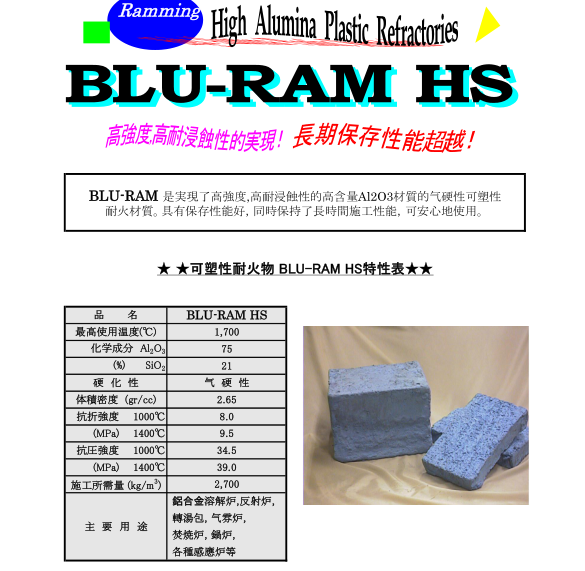 日本坩堝BLU-RAM HS可塑性耐火材料